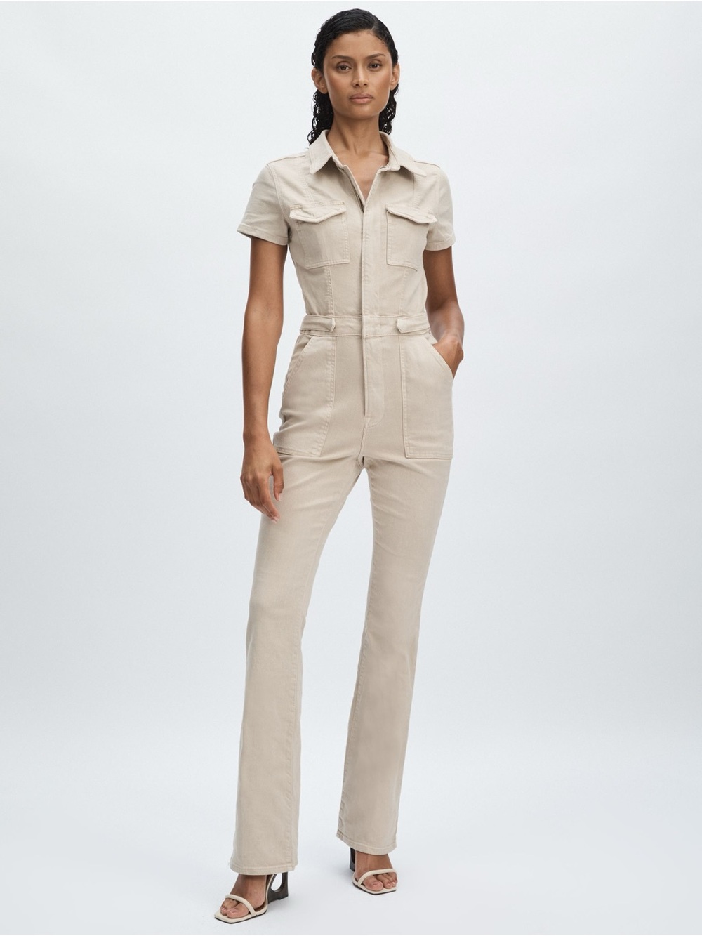 Good American Short-Sleeve Utility Flare Jumpsuit in Beige
